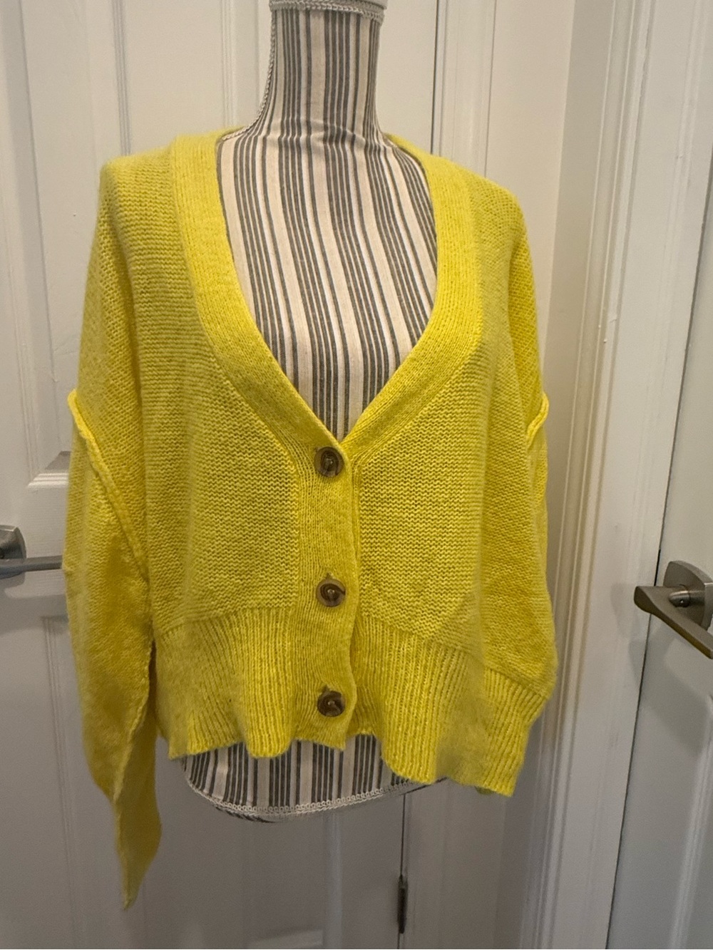 Yellow V-Neck Button Front Women's Sweater Cardigan Drop Shoulder GeeGee Medium